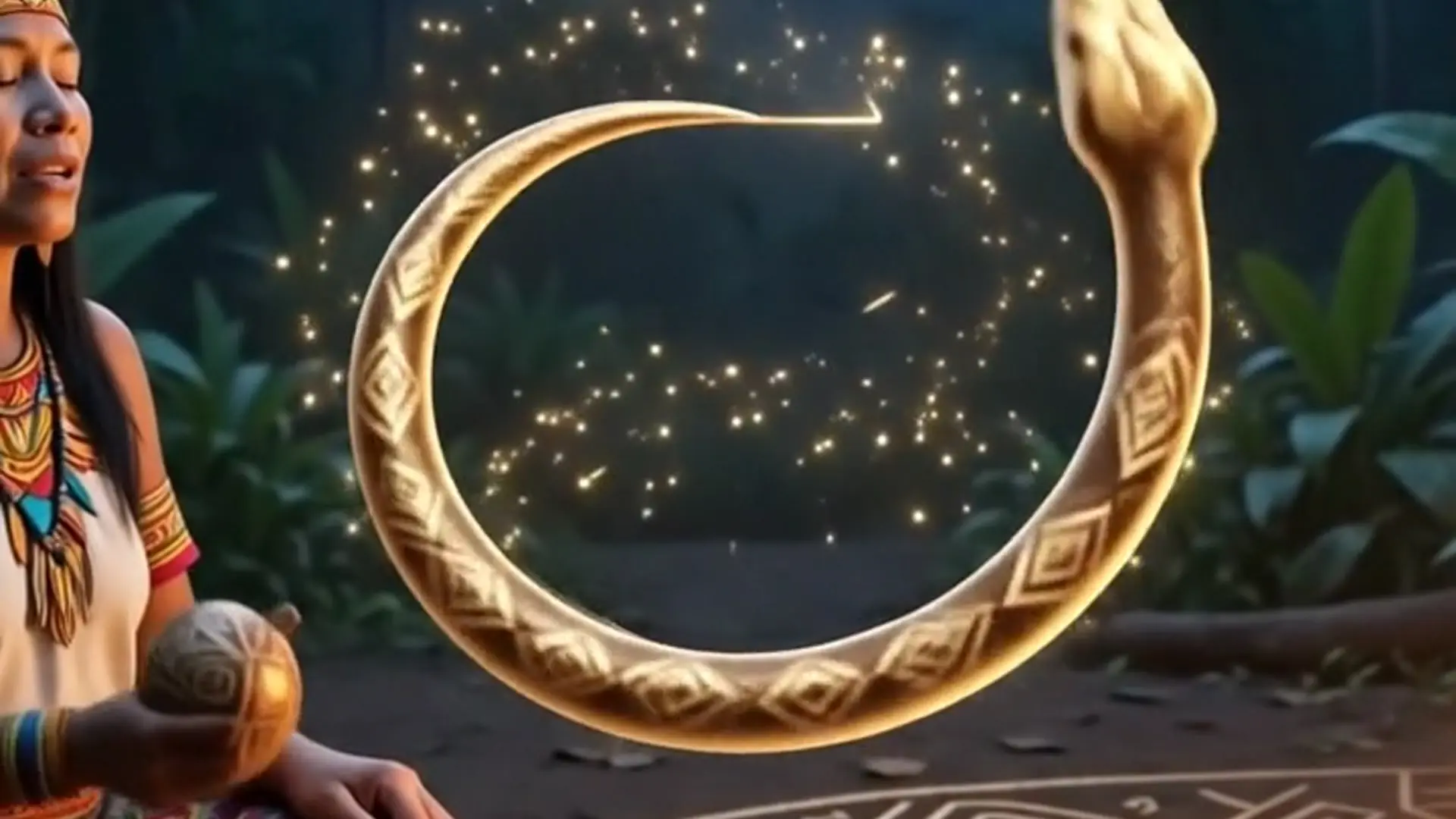 Lumenya Frame 068 — Shipibo-Frau singt am Feuer im Dschungel
